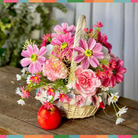 Hoa Giả, Giỏ Hoa Lụa Giả Mây Đan Trang Trí Nhà Cửa, Văn Phòng, Làm Đạo Cụ Chụp Ảnh- (Mẫu 1-Dáng Tròn Tông Hồng Cam)