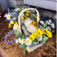 Hoa Giả, Giỏ Hoa Lụa Giả Mây Đan Trang Trí Nhà Cửa, Văn Phòng, Làm Đạo Cụ Chụp Ảnh-(Mẫu 25-Dáng Chữ Nhật Mèo Vàng Trắng)