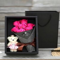 Hoa Hồng Bó 7 Bông Kèm Gấu Có Hộp Sang Trọng(Hộp Đen, Giỏ Xách Đen)
