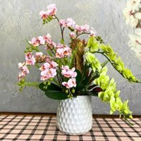 Hoa lan hồ điệp giả , bình lan mini chơi tết tông màu hồng kết hợp với xanh cốm , bình làm bằn gốm sứ cao cấp HL24,