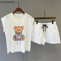 Hoa Mùa Hè Thời Trang Thường Ngày Phong Cách Hàn Quốc Gấu Áo Quần Short Hai Mảnh Dành Cho Nữ TE