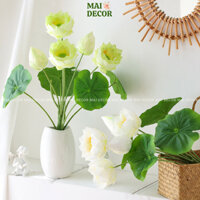 Hoa sen giả, cụm sen lụa 2 bông 1 nụ kèm lá loại to trang trí phòng khách, để sảnh khách sạn - Mai Decor