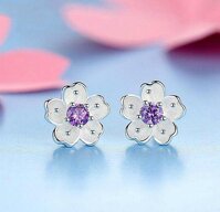 Hoa tai bạc 925 Hoa Mai cao cấp đính đá pha lê - Trang sức panmila HT.Z031 - hoa mai tím