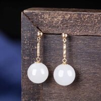 Hoa Tai Ngọc Bích Hetian, Bông Tai ngọc bích màu trắng mỡ cừu, Bông Tai ngọc bích dát vàng, hạt tròn, Bông Tai ngọc bích tự nhiên của phụ nữ, Bông tai dài khí chất * 1.13