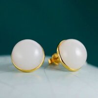 Hoa Tai Ngọc Bích Trắng ngọc bích Hetian tự nhiên cổ xưa dát vàng mỡ cừu trắng ngọc bích hình tròn mặt trứng khí chất Hoa Tai Ngọc Bích Nữ 12mm * 1.13