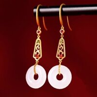 Hoa Tai Ngọc Bích Trắng ngọc bích Tân Cương Móc Hoa tai vàng cổ kim loại một Bạch mỡ cừu ngọc khóa an toàn Hoa tai phong cách Trung Quốc * 1.13