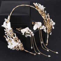 Hoa Thanh Lịch Băng Đô Quấn Tóc Tua Rua Bộ Bông Tai Cô Dâu Cưới Tiaras Lấp Lánh Pha Lê Ngọc Trai Mũ
