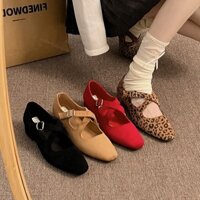 Họa tiết da báo Giày gót thấp nữ mũi tròn khóa Gót Thô giày cao su