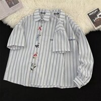 Họa tiết thêu sọc mùa hè 2025 thời trang cổ điển đứng dáng rộng áo sơ mi nam phiên bản Hàn Quốc