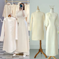 [HOẢ TỐC 2H, BIGSIZE 8XL, ẢNH THẬT] ÁO DÀI TAFTA NAM VÀNG KEM NUDE TRƠN ĐI TIỆC, BÊ BƯNG QUẢ, CƯỚI HỎI GÀI NÚT CAO CẤP