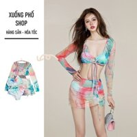 (Hỏa tốc) Đồ bơi, Bikini 2 mảnh kèm váy rời và áo khoác ngoài như hình, màu sắc tươi sáng #939