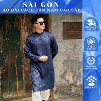 [Hỏa tốc giao 2h] Áo dài nam cao cấp may sẵn thiết kế cách tân, chất liệu gấm vân lá màu xanh navy - Áo Dài Nam Sài Gòn