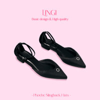 [HOẢ TỐC] Giày đế bệt bít mũi nhọn đính khoá tròn Phoebe Slingback Flats Vải Satin màu Đen cao 1cm