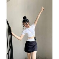[HỎA TỐC HCM] Áo thun basic cổ tròn tay bo + chân váy ngắn đen chữ A cạp viền trắng thời trang khỏe khoắn năng động