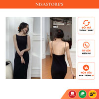 [HỎA TỐC HCM] Đầm body cổ thuyền hở lưng màu đen, chất liệu lụa phi cao cấp, hàng thiết kế có sẵn lót ngực