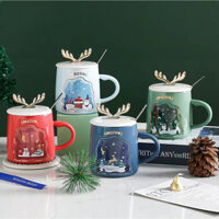 [HOẢ TỐC HCM] Ly cốc sứ Noel nắp sừng hươu cao cấp kèm muỗng - Quà tặng Noel (tặng kèm thiệp)
