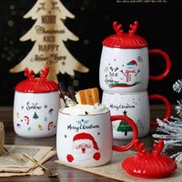 Hỏa tốc - Ly sứ có quai nắp sừng tuần lộc đỏ, Cốc sứ Giáng Sinh tặng muỗng, ông già Noel, người tuyết, hươu, Christmas