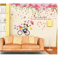 (HOẢ TÔ)Decal dán tường Combo cây đào hồng và xe đạp tình nhân PK270 (Kích thước: 250x230cm)