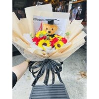 HOA TỐT NGHIỆP-hoa Hướng Dương, hoa Bi khô, hoa LEN, hoa TuLip+GẤU TỐT NGHIỆP - Bó hoa LEN hướng dương + GẤU TỐT NGHIỆP