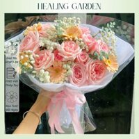HOA TƯƠI, Bó Hoa Mix Tone Hồng Giấy Bóng Kính - Viết thiệp tay theo yêu cầu, giao nhanh hoả tốc HCM (1-2h)