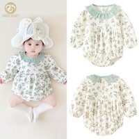 Hoa Xanh Mềm Áo Liền Quần Cotton Cho Bé Gái Dài Tay Jumpsuit Xù Cổ Áo Body