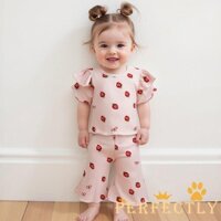 Hoàn Hảo-Baby Bé Gái Tập Đi Dâu Tây 2 Bộ Trang Phục Ruffle Áo Thun Tay Ngắn loe Quần Gân Bộ Mùa Hè
