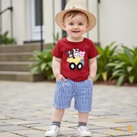 Hoàn Hảo-Bộ 2 Món Trang Phục Thêu Động Vật Áo Thun Tay Ngắn Và Quần Short Kẻ Sọc Cho Bé Gái Bé Trai