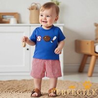 Hoàn hảo-Bộ trang phục 2 món cho bé trai tập đi Bộ áo thun ngắn tay thêu bóng chày Kẻ sọc quần Short lưng thun