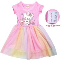 Hoạt Hình Đầm Tay Ngắn Chất Liệu cotton + tulle Hình Gấu / Mèo hello kitty Màu Cầu Vồng Xinh Xắn Cho Bé Gái