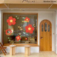 Hoạt Hình Hoa Đỏ Trang Trí Tĩnh Miếng Dán Cửa Kính Dễ Thương Ins Phong Cách Trà Sữa Quần Áo Cửa Hàng Bố Trí Cửa Sổ Miếng Dán