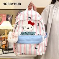 HOBBYHUB Ba lô Hello Kitty, Túi đi học hình mèo KT dung tích lớn hoạt hình, Túi sách sọc Nhật Bản
