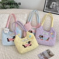 HOBBYHUB Túi Tote, Túi Đeo Vai Thêu Màu Kem, Túi Xách Cotton Puppy Dung Tích Lớn