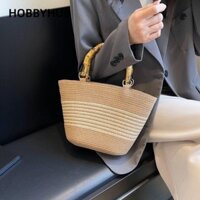 HOBBYHUB Túi xách dệt, Túi đeo vai sọc tương phản bằng rơm, có tay cầm bằng tre Túi Tote mua sắm dung tích lớn rỗng