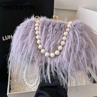 HOBBYIN Túi đeo vai sang trọng, Túi xách Tote tua rua dài lông thú, Túi đi lại dây chuyền lông công suất lớn hợp thời trang dành cho nữ bé gái