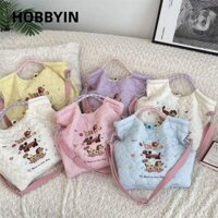 HOBBYIN Túi Tote, Túi Đeo Vai Thêu Màu Kem, Túi Xách Cotton Dung Tích Lớn Phong Cách Hàn Quốc