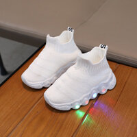 Hobibear Giày dệt bay phát sáng LED cho bé trai mùa xuân thu, tất một chân thoáng khí, giày đế mềm chống trượt cho bé