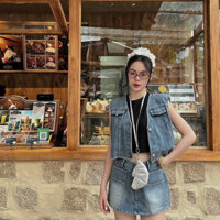 (H.O.H) Set áo đen sát nách phối áo khoác jeans croptop ghile kèm chân váy jeans