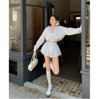 (H.O.H) Set áo ren trắng crop cổ yếm phối áo sơ mi xanh sọc bo eo kèm chân váy xoè