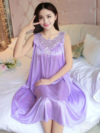 {Home pajamas}
 Đầm Ngủ Sát Nách Phối Ren Họa Tiết Thêu Hoa Lá, Váy Ngủ Lụa Satin Chất Phi Bóng Mềm