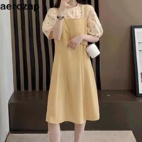Homesogood Suspenders Dress Nữ, Bộ hai mảnh tay phồng chữ A, Giải trí chấm ngọt ngào đi biển Áo thun sinh viên