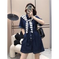 Hong Kong style chic fashion overalls denim jumpsuit summer design feeling the waist shows the trend of thin jumpsuit wide-leg shorts