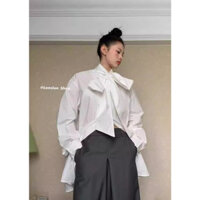 Honypove 2023 sản phẩm mới thiết kế cổ điển có ren-up lớn kết cấu nơ dài áo sơ mi trắng nữ