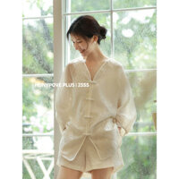 Honypove Áo Dài Tay Nữ Mùa Hè Phong Cách Mới Đi Làm Quần Short Đơn Giản Phù Hợp Với Tất Cả Trận Đấu Sling Váy Ba Mảnh Phù Hợp Với