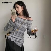 Honypove Áo Sweater Trễ Vai Tay Dài Hoạ Tiết Kẻ Sọc Thiết Kế Độc Đáo