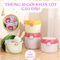 Hộp 10 bịch khăn giấy ướt gấu hồng mẫu mới (1 gói 80 tờ) - Khăn ướt gấu dâu Lotso thùng nhựa đẹp