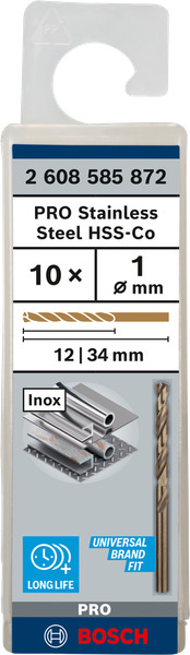 Hộp 10 mũi khoan Inox HSS-Co 1mm BOSCH 2608585872