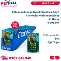 Hộp 12 Gói 85G - Pate mèo Monge Bwild Chunkies Adult Anchovies with Vegetables in Gravy - Vị Cá cơm và Rau Petmall