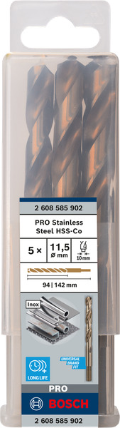 Hộp 5 mũi khoan Inox HSS-Co 11.5mm BOSCH 2608585902