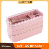 Hộp Bento có thể xếp chồng lên nhau ANGRYFISH, Hộp cơm trưa 3 lớp có nĩa và thìa, 3 thiết kế, Khay ngăn có thể tháo rời, Bộ hộp cơm trưa hình chữ nhật cho bé trai, bé gái, trẻ em