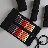 Hộp bút chì cuộn vải canvas thủ công màu đen thuần 12 24 36 48 72 lỗ dung tích lớn unisex phác thảo, hộp bút chì màu